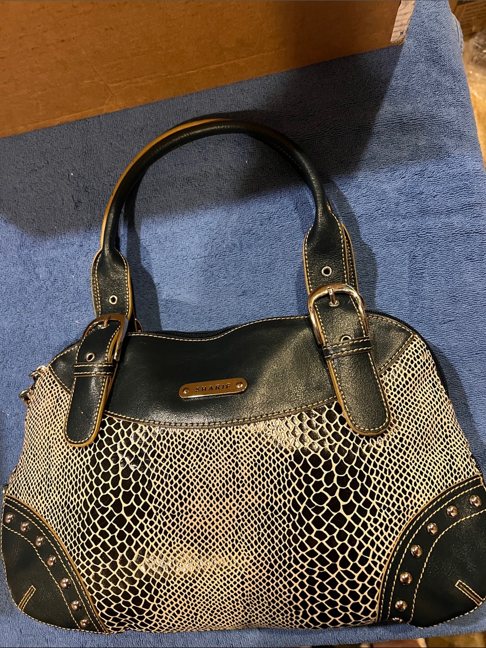 Sharif Teal and Beige Snake-Texture Satchel with Silver Accents